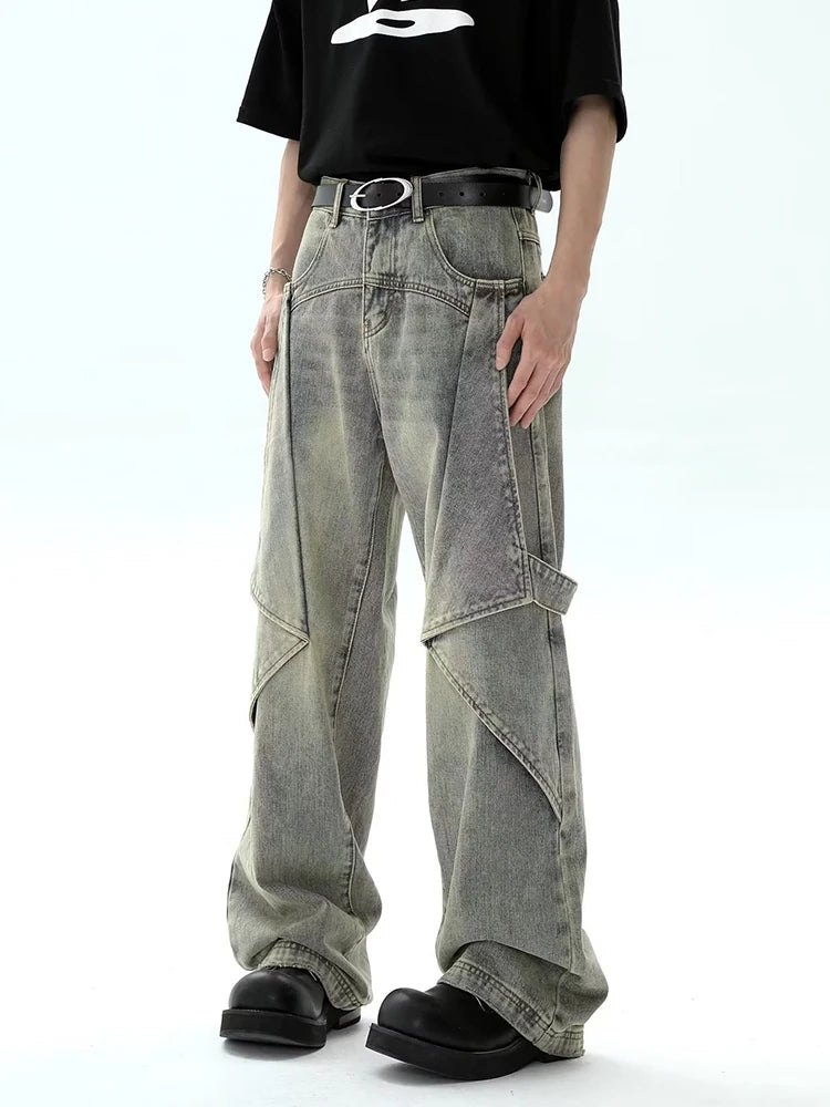 Hearujoy Wide Leg Jeans Pants for Men Streetwear Baggy Distressed Denim Trousers Male Oversize Casual Ruched Korean Hip Hop