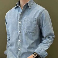 HEARUJOY  -  Lapel Collar Cotton Blend Denim Shirt Long Sleeve Shirt Retro Shirt British Versatile Casual Shirt Man Camisa Social Masculina