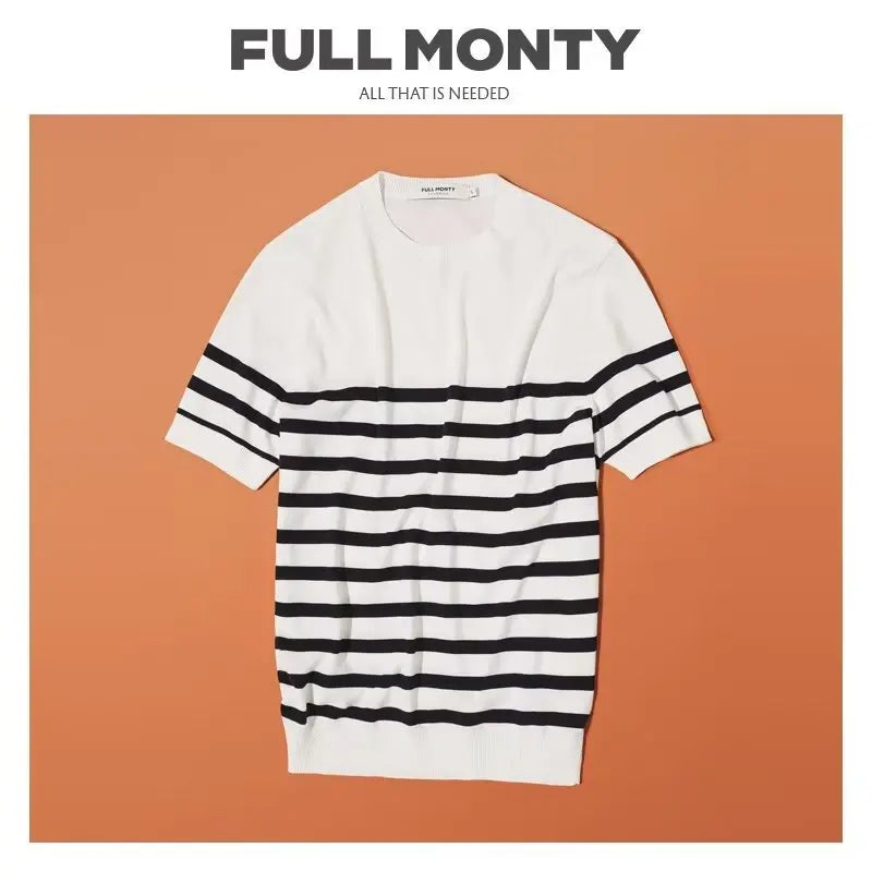 HEARUJOY  -  Summer Men's Fashion Casual Knitwear Versatile Top Striped Knitted Short Sleeved T-shirt Slim Fit O-Neck Retro Ice Silk Tee