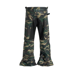 Hearujoy Camouflage Coated Micro Flared Motorcycle Pants for Men Patchwork Baggy Jeans Ankle Zipper Boot Cut Oversized Denim Cargos