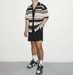 HEARUJOY  -  Summer New Fashion Casual Breathable Hollow Out Knitted Polo Shirts Men Striped Crochet Knitting Tops Vintage Mens Clothes