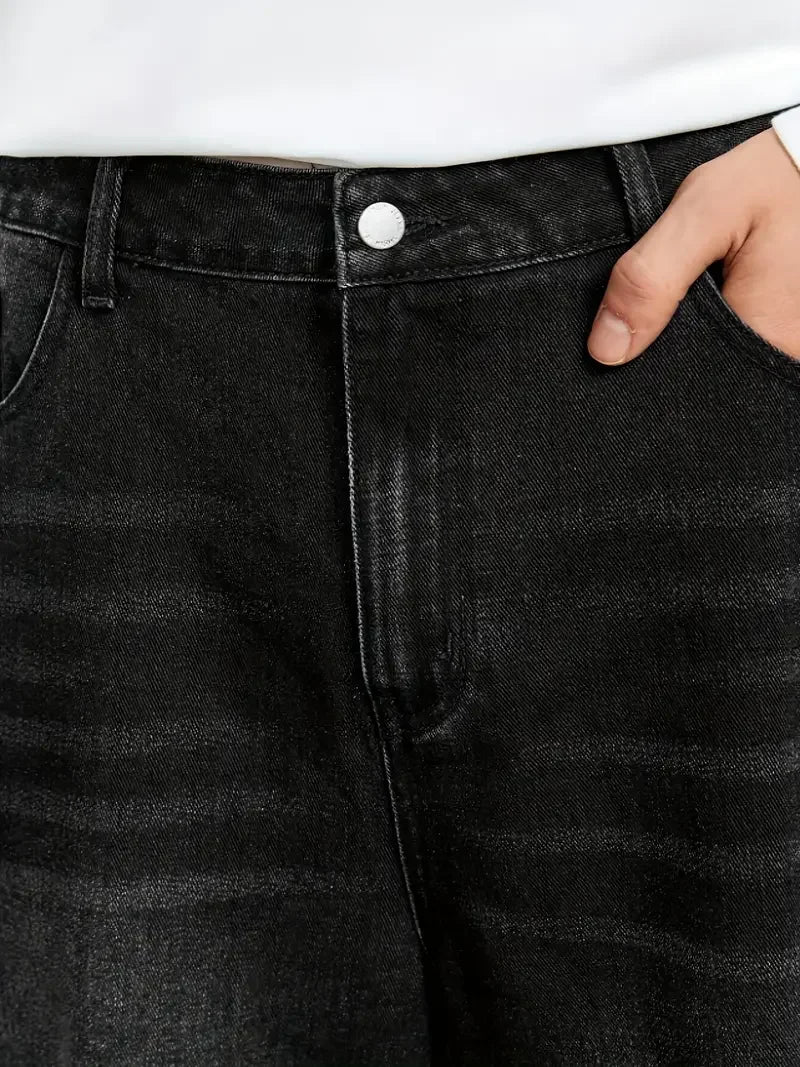 HEARUJOY  -  Men'S Loose Fit Black Denim Wide Leg Jeans with Raw Wash Detail - Comfortable, Versatile All-Season Wear, Casual Denim Jeans| fl