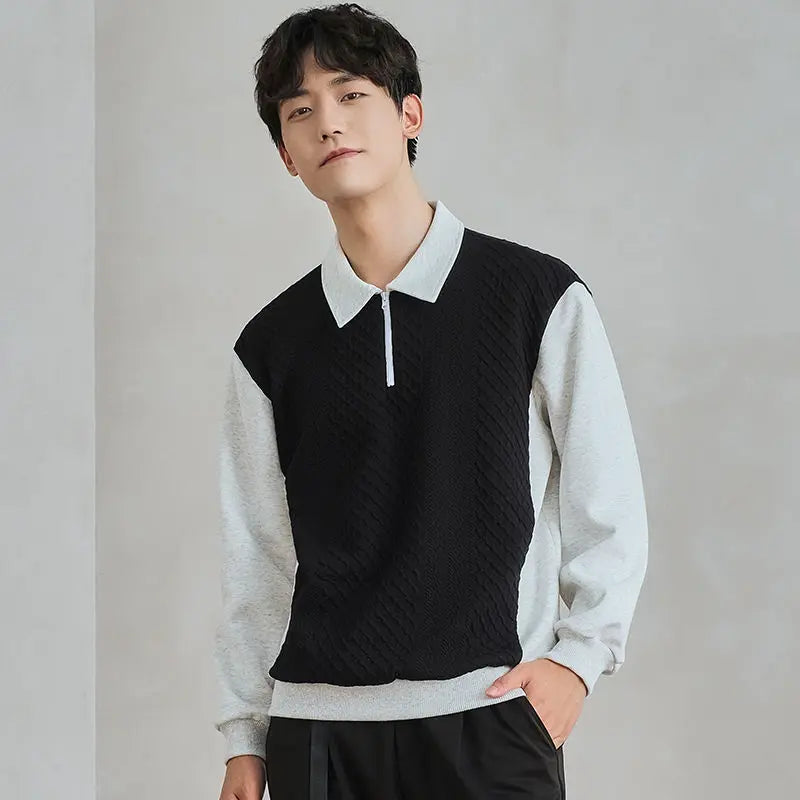 HEARUJOY  -  Trend Fashion Men Polo Shirts Spring Autumn New Lapel Half Zipper Fake Two Pieces Contrast Color Korean Casual Long Sleeve Tops