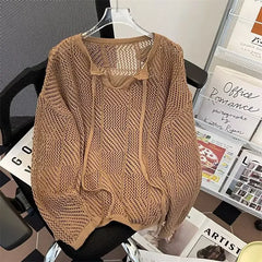 HEARUJOY  -  Men V-neck Long Sleeve Knit Shirts Loose Elastic Hollow knit Sweater T-shirt Slightly Transparent Knitted Sweaters Streetwear