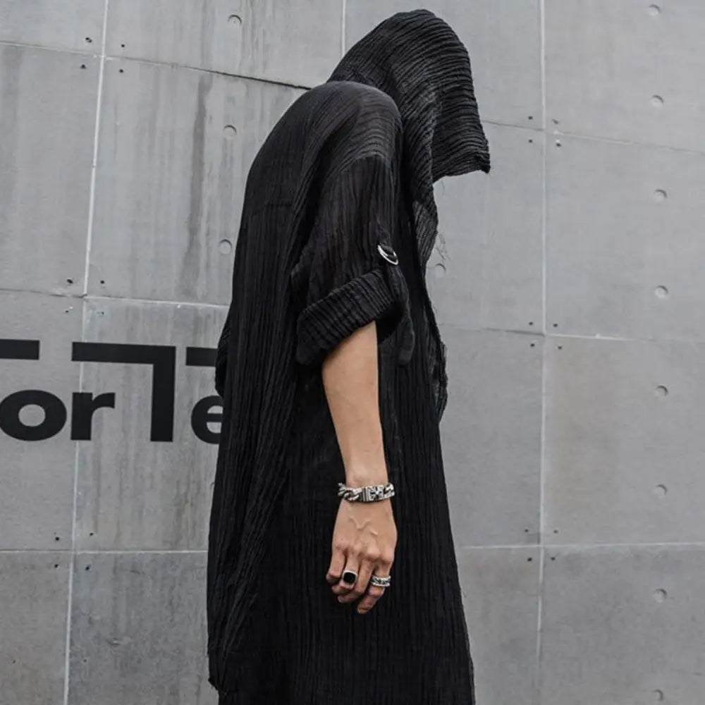 Hearujoy Nightclub DJ Singer Punk Rock Hip Hop Long Shirt Black Hooded Cloak Cardigan Men Pleated Woven Cotton Blouse Gothic Vintage