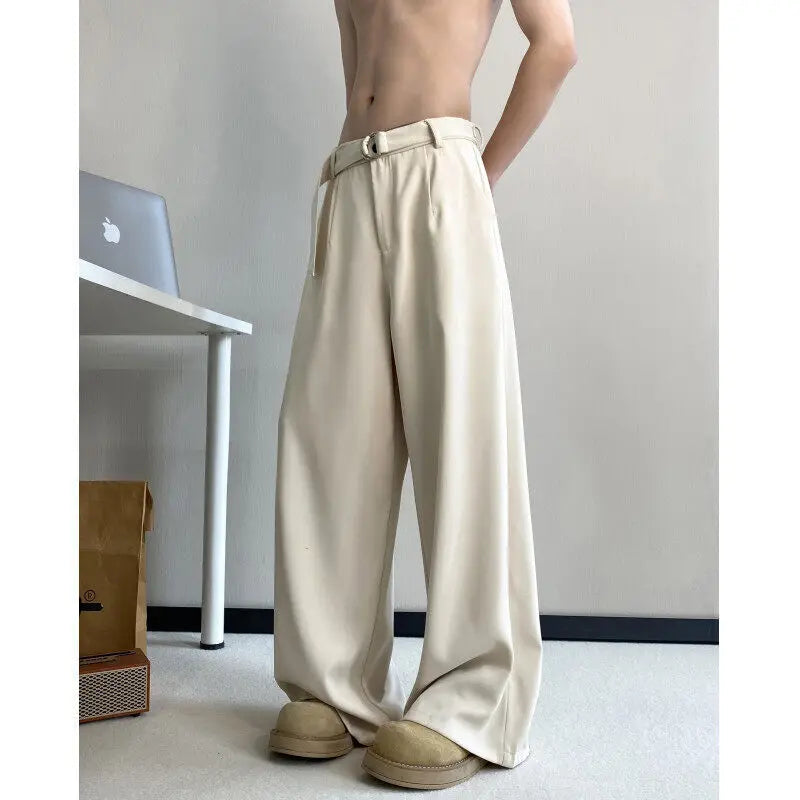 HEARUJOY  -  Belt Suit Pants Men Fashion Society Mens Black Dress Pants Korean Loose Wide Leg Pants Mens Office Formal Trousers Plus Size