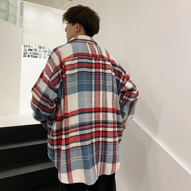 Hearujoy 2024 Spring Clothing Men's Casual Woolen Plaid Shirt Vintage Big Size Turn Down Collar Button Long-sleeved Check Tops Stylish