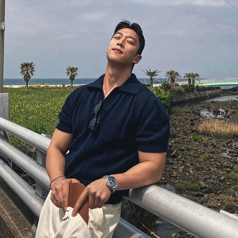 HEARUJOY  -  Men's Clothing Luxury Korean Popular Hollow Out Polo Shirt Leisure V Neck Short Sleeve Solid Color Retro Streetwear Knitwear