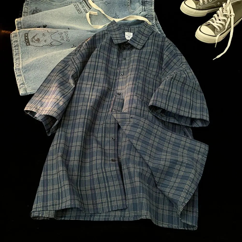 HEARUJOY  -  Couple Summer Tops Loose Short Sleeve Shirt Daily Casual Wear Plaid Pattern Shirt Vacation Outfits For Daily Wear