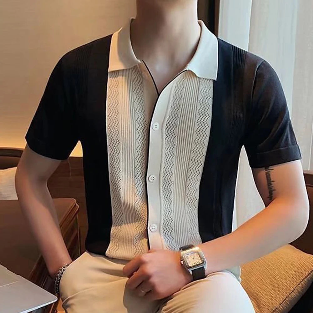 HEARUJOY  -  Clothing Contrast Color Loose Fit Tops Slight Stretch Vacation Clothing Casual Style Daily Wear Lapel Neckline