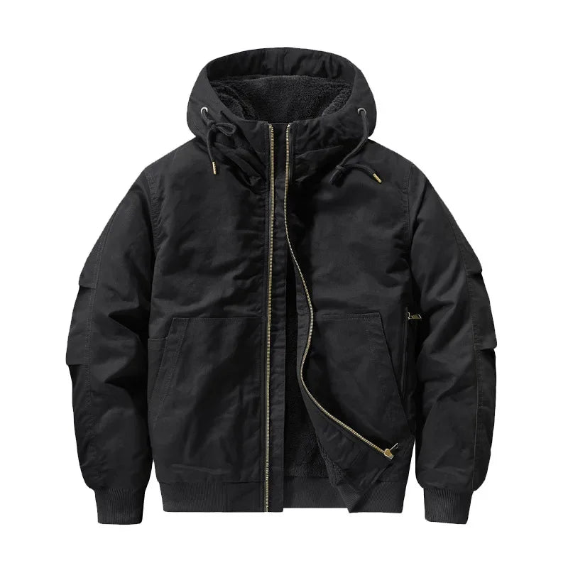 HEARUJOY  -  Men's New Autumn and Winter Cotton Jacket with Fleece Thickened Cargo Flight Short Plus Size Hooded Quilted Jacket
