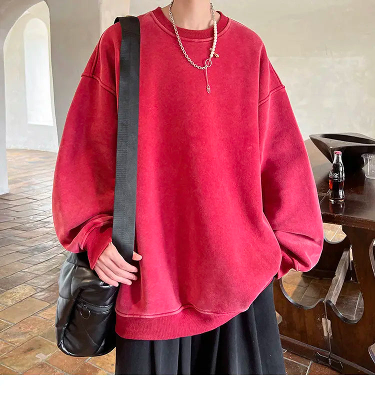 HEARUJOY  -  American Washed Old Pullovers Sweatshirts Men Loose Solid Color 2025 Autumn Large Size Warm O Neck Tops Hip Hop Y2k Sweatshirt
