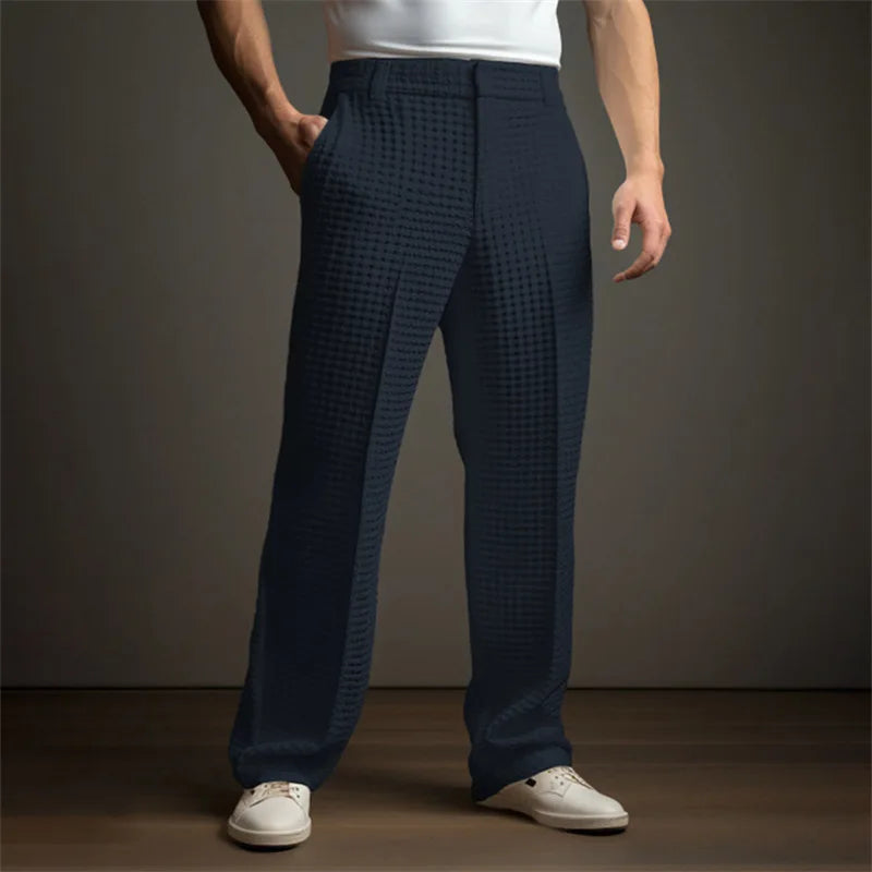HEARUJOY  -  Business Casual Waffle Trousers Men Slant Insertion Pocket Straight Suit Pants Fashion Versatile Pants Leisure Vacation