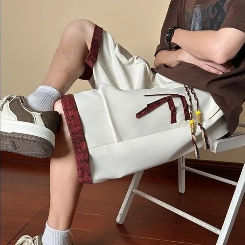 HEARUJOY  -  Long Button Bermuda with Pockets Short Pants for Men Elastic Waist Wide Half Khaki Loose Mens Cargo Shorts Draw String Baggy Y2k