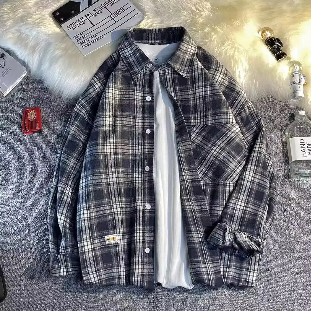 HEARUJOY  -  Plaid Shirt Men's Long Sleeve Student Fashion Brand Loose Jacket