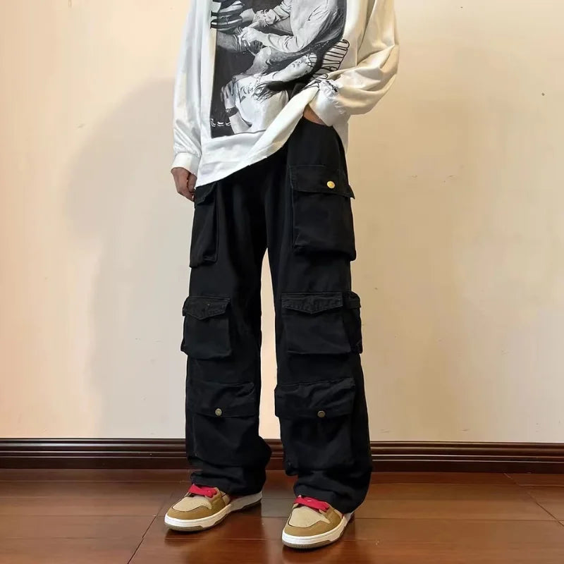 Hearujoy Y2k  Hip-hop Cargo Pants Multi-pockets Tooling Pant Harajuku Men's Vintage Loose Wide Leg Pants Streetwear Casual Trousers