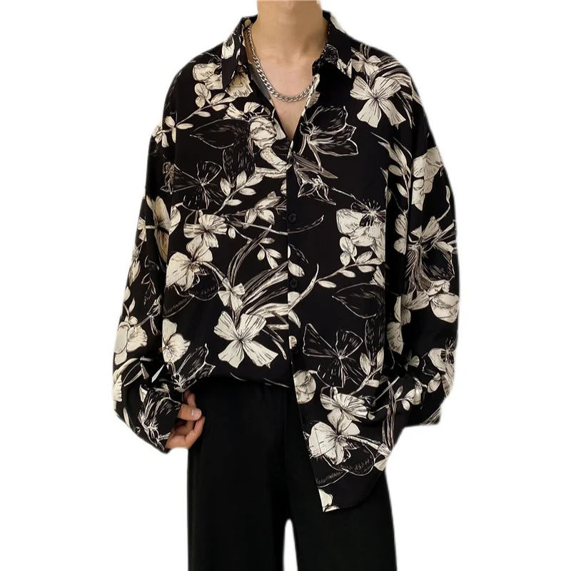 Hearujoy Summer Floral Shirt Men Fashion Printed Casual Ice Silk Shirt Men Streetwear Loose Long Sleeved Shirt Mens Hawaiian Shirts M-3XL