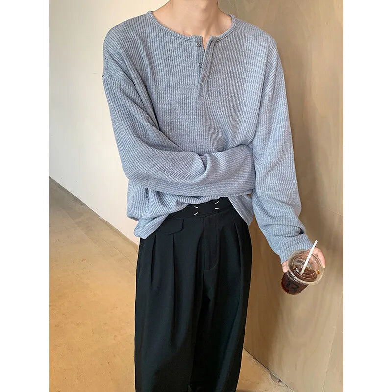 HEARUJOY  -  Spring Long Sleeved T-shirt Men Fashion Button White Casual T Shirt Men Streetwear Korean Loose Pleated T Shirt Mens Top M-2XL