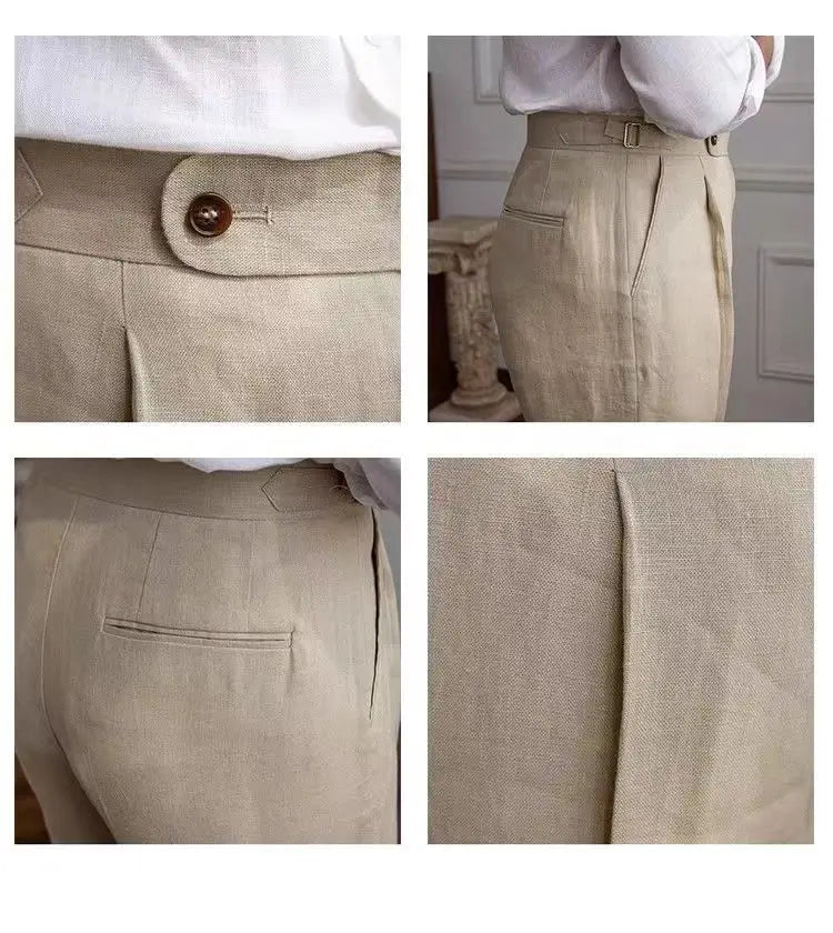 HEARUJOY  -  100% Linen Italian Naples Pants Men High Waist Straight  Suit Trousers Spring Summer Fashion Lightweight Breathable Casual Pants