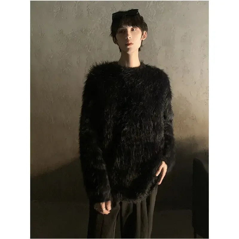 Hearujoy Streetwear Long Plush Knit Sweater Tops Autumn and Winter High Street Imitation Mink Hair Loose Pullover Round Neck Jumper Man