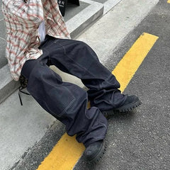 Hearujoy High Street Cleanfit Multipockets Drak Blue Baggy Jeans for Men and Women Straight Vintage Casual Loose Denim Trousers Oversize