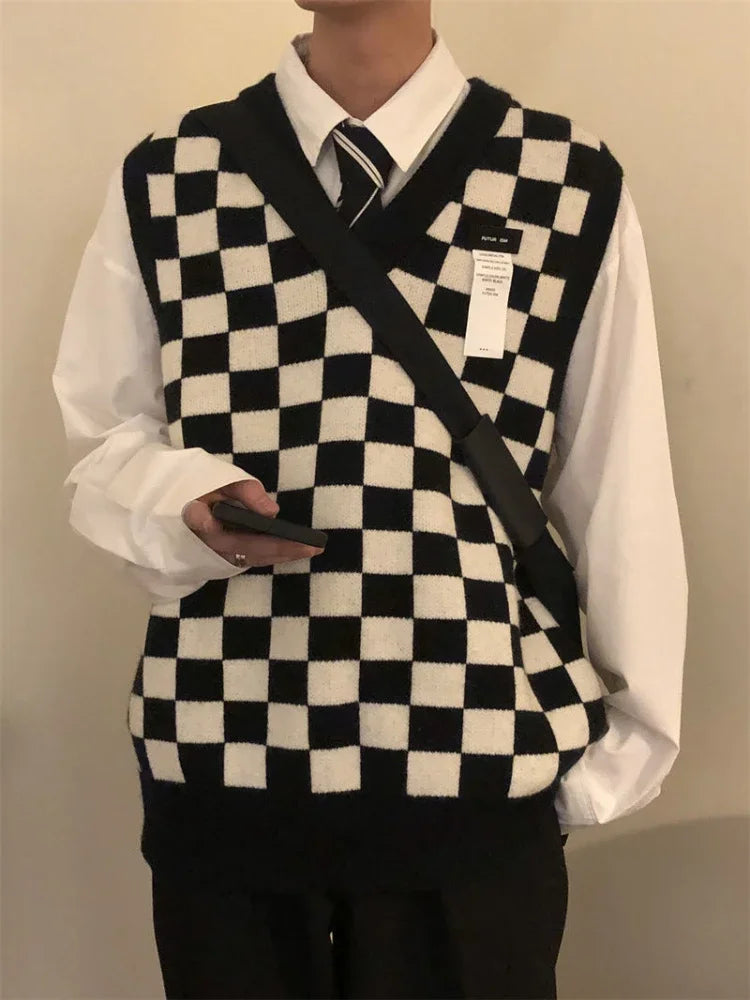 HEARUJOY  -  Waistcoat Plaid Green V Neck Sleeveless Knitted Sweaters for Men Black Man Clothes Vest Ugly Cotton Pull Oversize Sheap T Shirt