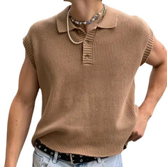 HEARUJOY  -  Fashion Mens Knit Polo Shirt Sleeveless Lapel Button Loose Tee Tops Spring Summer Casual Trend Polos Tshirt Men Clothing