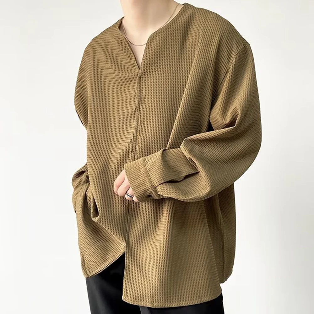 Hearujoy 2024 Autumn Retro Temperament Waffle Pullover V-neck Shirt Men's Long-Sleeved Light  Wind Ins Loose Korean Trend Shirt