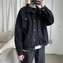 Hearujoy Black Denim Short Jacket Men Turn Down Collar Bomber Jacket Jeans Coats Casual Pockets Overalls Streetwear Man Clothing Outwear