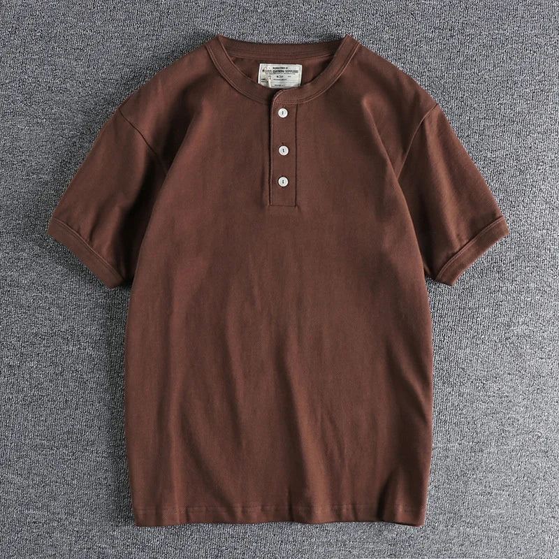 HEARUJOY  -  Tough Guy Style Heavyweight Wash Cotton Henry Neck Short Sleeve T-shirt Men's Summer Personalized Versatile Tops Tee Sold Color