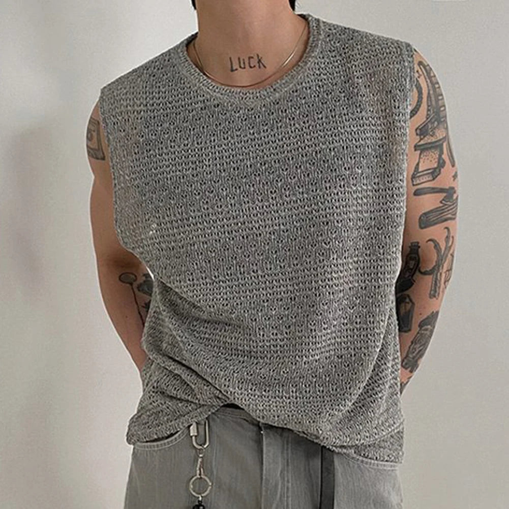 HEARUJOY  -  Casual Outings Summer Activities 2XL Men's Knitted Vest Daily Vacation Sleeveless Top Hollow Out Knitwear Loose Fit Design