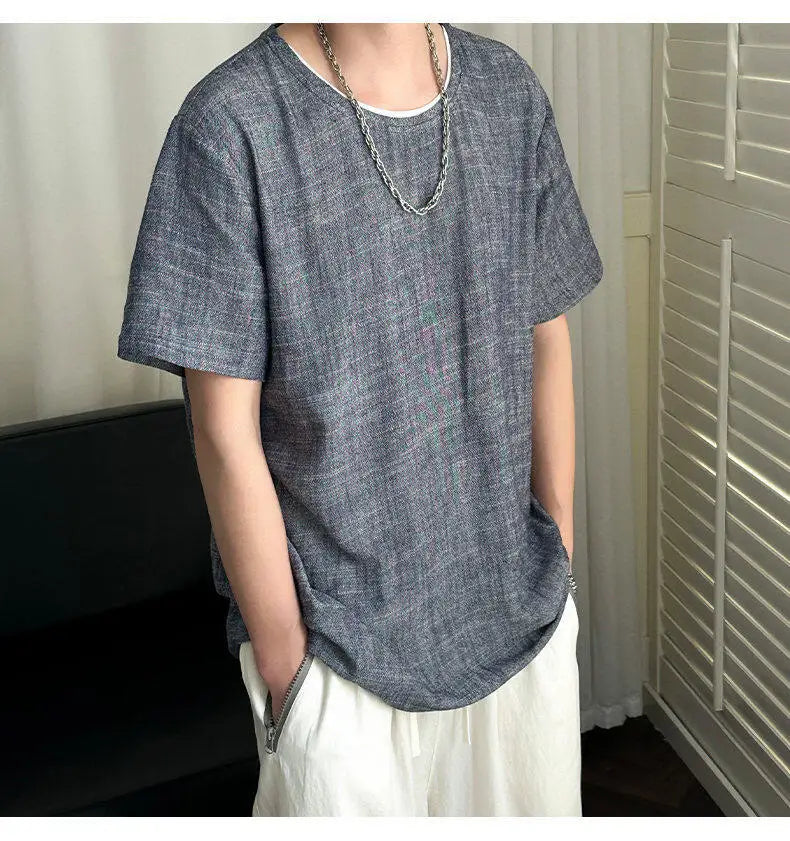 HEARUJOY  -  Korean Style Men's T-shirts Round Collar Short Sleeved Solid Color Mensweae New Summer Pullover Loose Male Tees