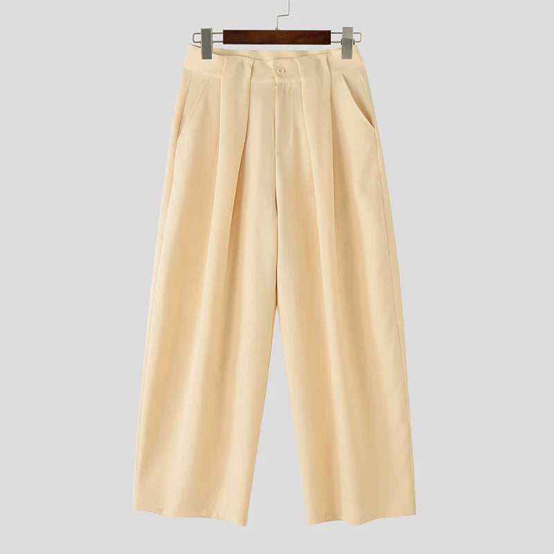 HEARUJOY  -  Men Pants Solid Color Button Joggers Oversize Male Wide Leg Pants Streetwear Pleated Fashion Casual Trousers Men