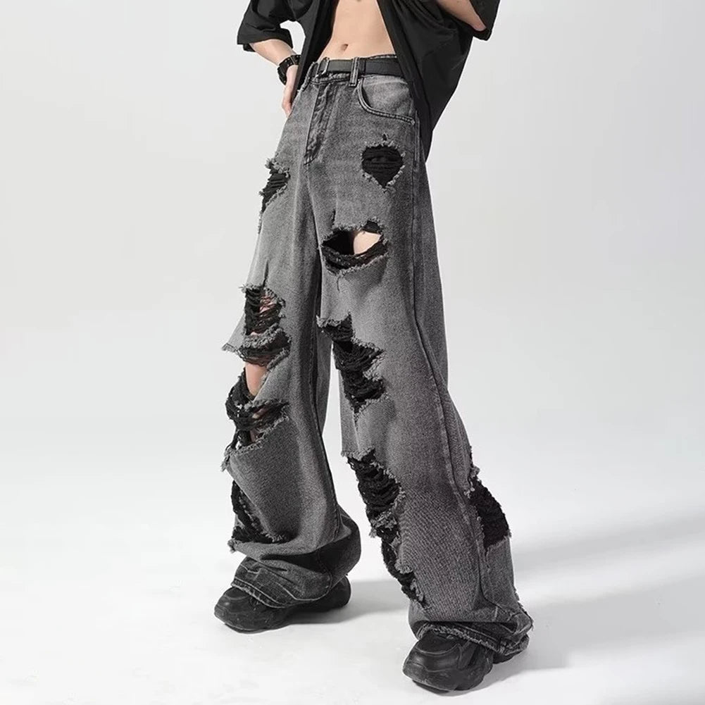 HEARUJOY  -  Men Vintage High Waist Baggy Hole Pants Fashion Hip Hop Gothic Wide Leg Jeans Casual Loose Trouser 2025