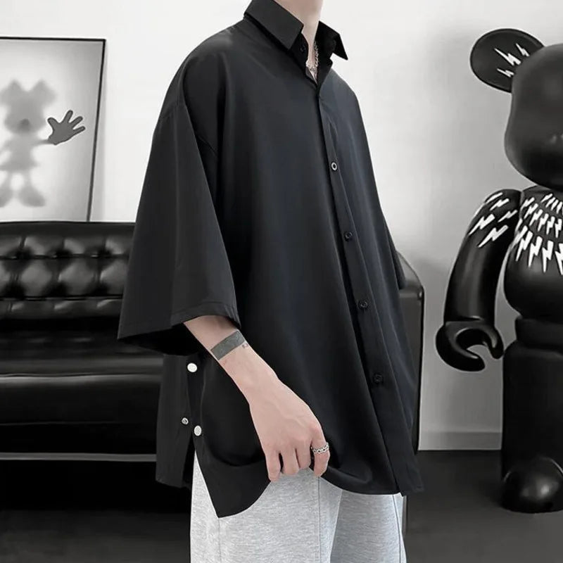 Hearujoy Summer Short Sleeved Shirt Men Oversized Black White Shirt Men Streetwear Korean Loose Ice Silk Shirts Mens Casual Shirt M-3XL