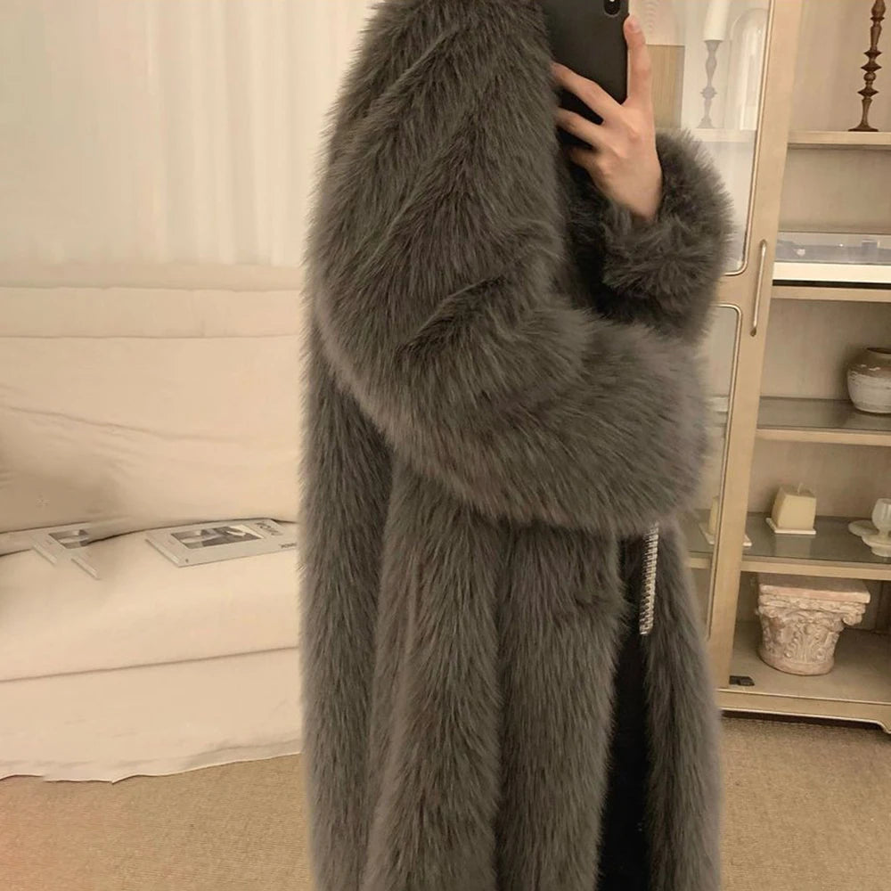 Hearujoy Imitation Fox Fur Coat For Men 2024 New Autumn Winter Warm Thickened Long Fashion Elegant Solid Simple Loose Stand-Up Coat