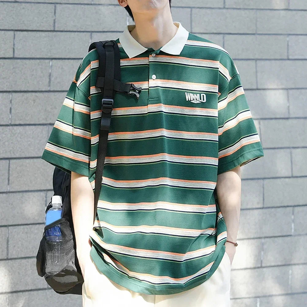 HEARUJOY  -  Casual Summer 2XL Mens Summer T-Shirts Casual Striped Short Sleeve Shirts Vintage Short Sleeve Tops Lapel Neckline