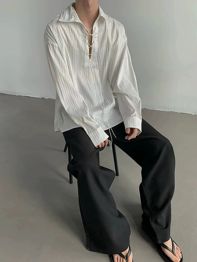 HEARUJOY  -  Vintage Drawstring Lace-up Lapel Shirt Mens Spring Autumn Fashion Long Sleeve Ribbed Polo Shirts Casual Textured Pullover Tops