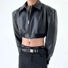 Hearujoy Autumn Product Design Sense Lgbt Sexy Navel Exposed Fashion High Street High Waist Double Zipper Wide Shoulder Leather Jacket