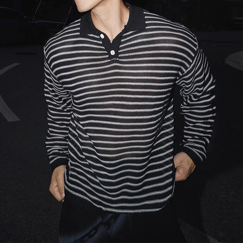 HEARUJOY  -  Stylish Striped Textured Polo Shirts Mens Vintage Hollow Out Knitted Tops Men Spring Autumn Casual Breathable Knitting Pullover