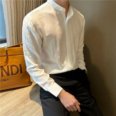 HEARUJOY  -  Long-sleeved Stand-collar Pleated Shirt Men's Summer Seaside Vacation Style Casual and Versatile Solid Color Spring Autumn Shirt