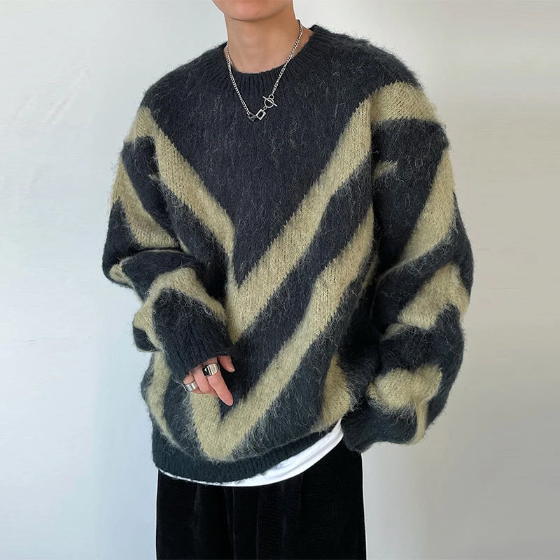 Hearujoy Autumn Clothing Men's Luxury Printed Knitted Pullover Sweater Long Sleeve O Neck Korean Popular Retro Fashion Leisure Knitwear