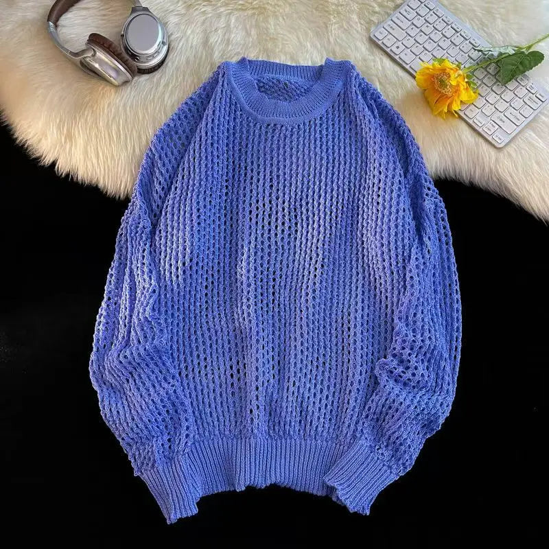 HEARUJOY  -  Hollow Hole Men Women knitted Tshirts High Street Fashion Loose Long Sleeved Top Autumn Sexy Mesh Knit Sweater Pullover Unisex