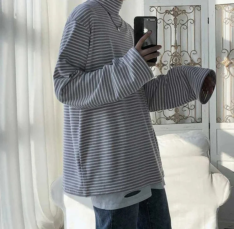 HEARUJOY  -  Turtleneck High Collar T Shirt For Man Striped Top Bulk With Wholesale Men's Clothing Long Sleeve Quotes Full Xl F Pullover