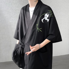 Hearujoy Mens Panda Embroidered Chinese Style Short Sleeve Cloak Genderless 2024 New Fashion Temperament Versatile Trend Jacket Unisex