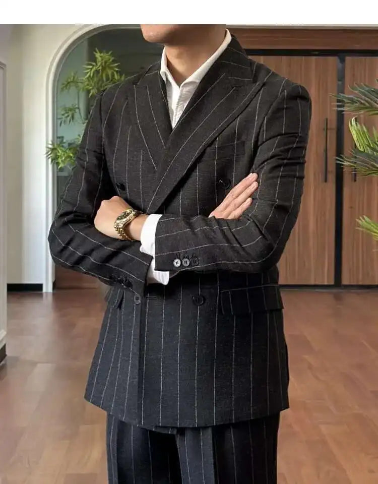 HEARUJOY  -  Men Suit Designers Slim Fit Business Casual Striped Double Breasted Suit Set Trend Traje Novio 2025 Men Tuxedo Suit Grooms Suit