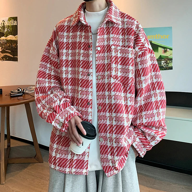 Hearujoy Men's Light Luxury Harajuku Texture Plaid Shirt Jacket Leisure Fashion Long Sleeve Korean Popular Button-down Premium Coat