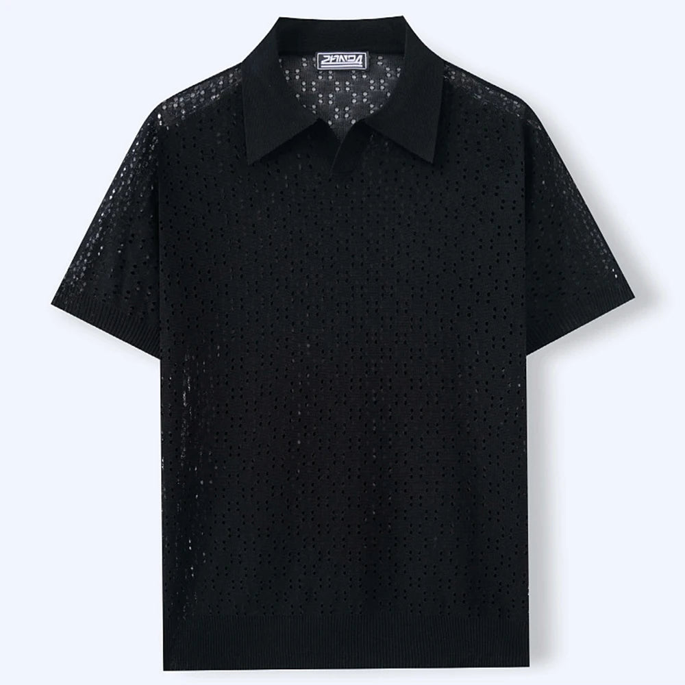 HEARUJOY  -  Summer New Men's Solid Color Jacquard Hollow Short-Sleeved Shirt Retro Fashion Trend Casual Simple Loose Breathable Men's Tops