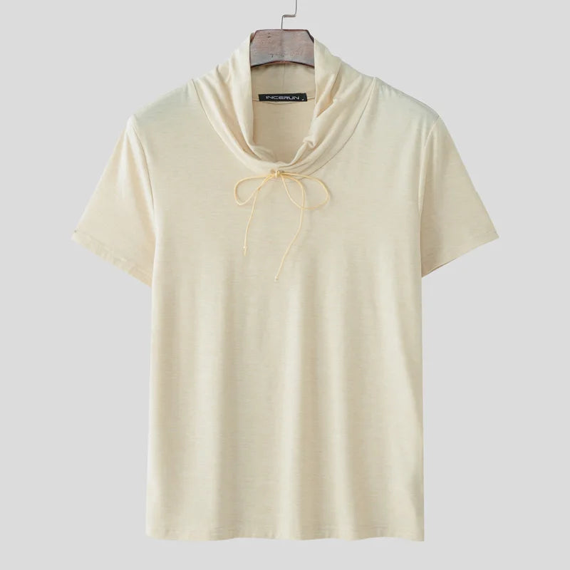 HEARUJOY  -  Men T Shirt Solid Color Drawstring Turtleneck Short Sleeve Male Tee Tops Streetwear Summer Fashion Men Clothing