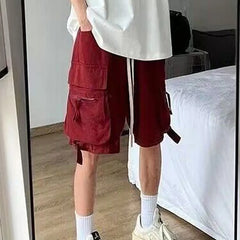 HEARUJOY  -  Men Clothing Trendy Vintage Japanese Style Streetwear Y2K Loose Cargo Shorts Summer Casual Solid Multi Pockets Short Baggy Pants